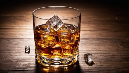 There is a glass with amber liquid and ice cubes on the wooden surface. There are additional ice cubes nearby, creating a refreshing and stylish still life.