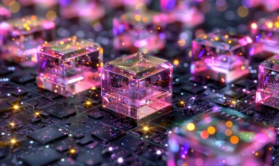 Abstract technology cubes glowing with artificial intelligence and data processing