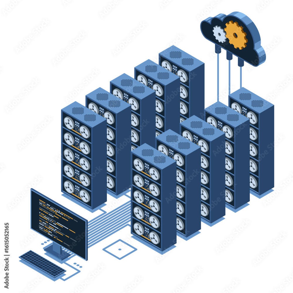 Wall mural isometric monitoring big data storage. data transmission technology. online hosting technology conce