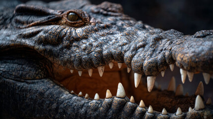 Obraz premium Up-close image of a Nile crocodile's mouth, emphasizing its rough-textured skin and sharp, jagged teeth. 