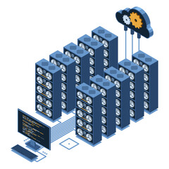 Fototapeta premium Isometric monitoring big data storage. Data transmission technology. Online hosting technology concept. Isometric technology