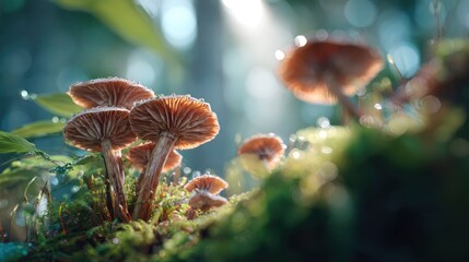 Close-up macro shot of edible mushrooms growing from mossy forest floor, morning dew drops, sun rays filtering