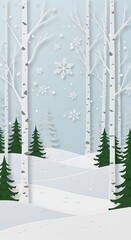 Merry christmas,Snow forest. pines in winter and mountain Paper vector Illustration a winter landscape with white birch trees, snow-covered hills, trees with falling snowflakes a light blue background