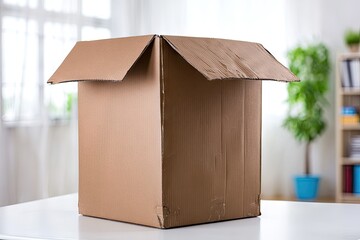 Open cardboard box on a table, blurred background