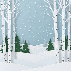 snow-covered hills, trees with falling snowflakes a light blue background, Snow forest. Merry christmas pines in winter and mountain Paper vector Illustration a winter landscape with white birch trees