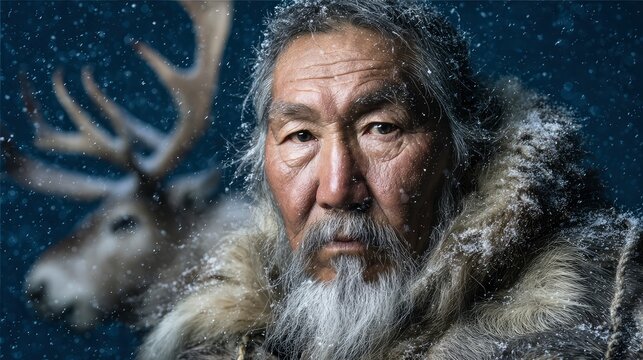 Close-up portrait of a Chukchi man in fur-lined traditional clothing, snowflakes on eyelashes, reindeer antlers in back