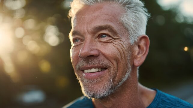 Close-up portrait of a fit elderly man with silver hair and sun-kissed skin, smiling confidently after jogging