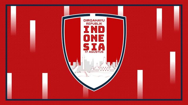 4K animated video for Indonesia’s Independence Day featuring a red shield emblem with skyline, landmarks, and bold typography on a patterned red background. Translate: Longevity Republic of Indonesia.