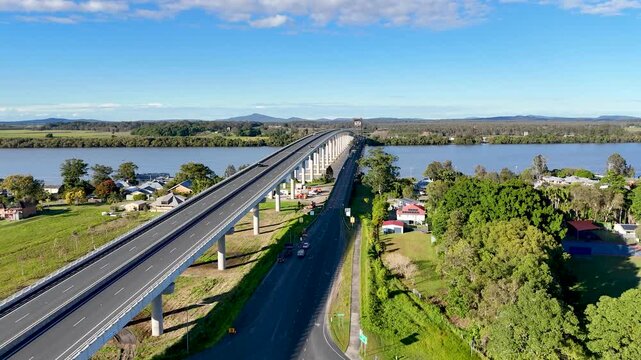 Scenic drone footage of Harwood Bridge soaring over Australia&rsquo;s Clarence River in NSW.