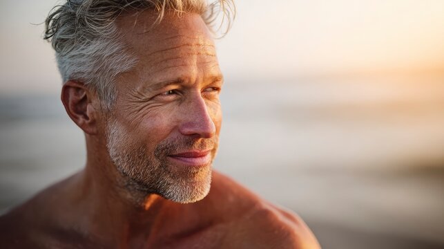 Close-up portrait of a fit senior man with silver hair and sun-kissed skin, standing by the sea, toned body