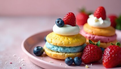 Rainbow profiteroles, whipped cream, fresh berries, colorful food, treat, sweet treat