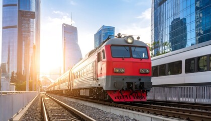 Naklejka premium Red and gray train on tracks, city skyline at sunset