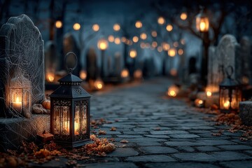 Lanterns in Spooky Graveyard at Night
