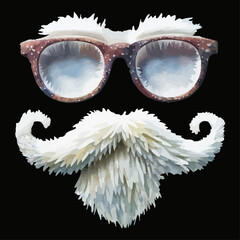 White beard and mustache frosted glasses, snowy facial hair vintage sunglasses, retro eyewear cool shades.