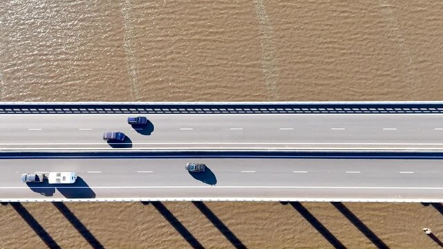 Aerial view of traffic on a high span bridge in Australia.
