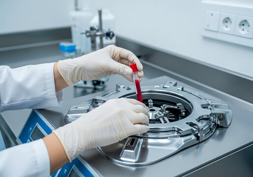 Lab Technician Placing Blood Sample into Centrifuge Medical Laboratory Research - Powered by Adobe