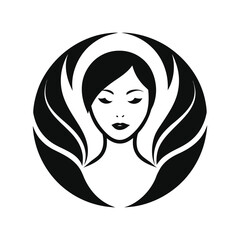Beauty woman head logo design emblem vector illustration template black and white. Simple icon handing drawn of female face 