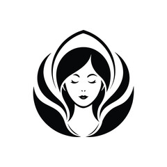 Beauty woman head logo design emblem vector illustration template black and white. Simple icon handing drawn of female face 