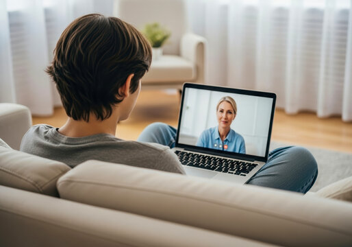 Mental Health Therapy Session Online Patient Talking to Psychologist via Laptop Video Call