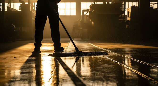 Person mopping a shiny floor with a flat mop, showcasing cleanliness and domestic chores. - Powered by Adobe