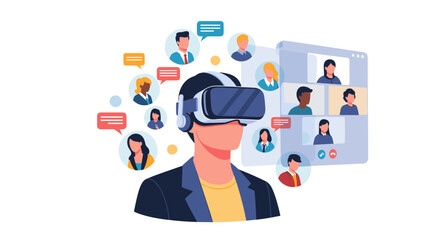 A businessman uses a virtual reality headset to participate in a virtual meeting with diverse colleagues, enhancing remote collaboration and communication.