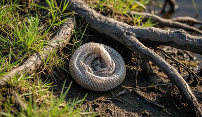 Obraz premium Discover shed snake skin abandoned in the grass near water showing transformation and growth