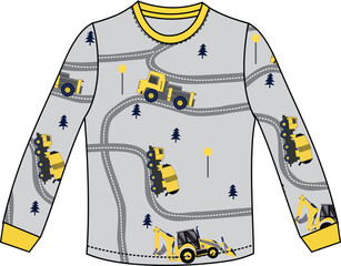 boys long t shirt with truck digger print illustrations vector art