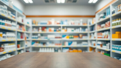 Pharmacy interior with wooden counter and blurred medicine shelves, bright fluorescent lighting, clean retail drugstore layout