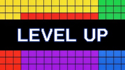 Vivid level up design with multicolored squares and pixelated text. Level up experience shows rainbow of colors in fun pattern, and level up is perfect for gaming and digital content. - Powered by Adobe