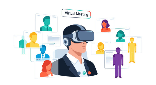 Illustration of a virtual meeting with avatars connected through VR headsets, showcasing the future of remote collaboration and digital communication.
