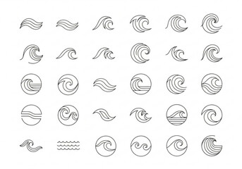 Wave shapes collection. Set of sea wave logo in black. Water wave icons collection