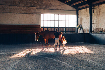 Horsewoman leading chestnut horse in indoor riding arena