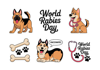 World Rabies Day PNG Stickers with Dogs, Bones, Stethoscope, Transparent Background
