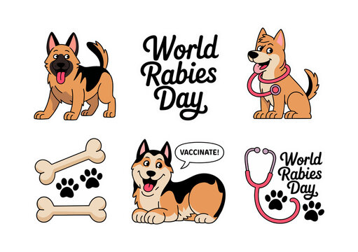 World Rabies Day PNG Stickers with Dogs, Bones, Stethoscope, Transparent Background