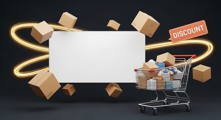 Fototapeta premium Shopping Cart with Boxes and Discount Sign Promotion Display Concept