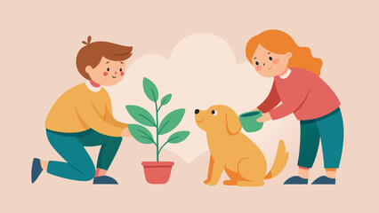 Two kids caring for a potted plant while a dog watches them in a warm outdoor setting