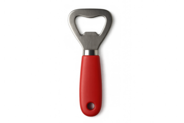 Classic bottle opener with red handle and metal top, isolated on transparent background, ready for use