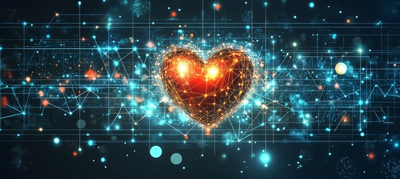 Digital heartbeat monitoring with vibrant illuminated heart icon and advanced circuit technology.