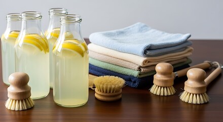 Eco-friendly Cleaning Products with Lemon Water on Wooden Table Surface