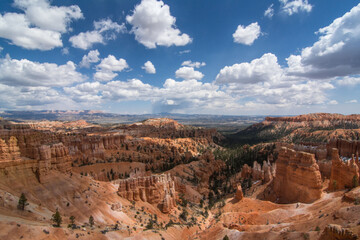 A wide shot of Bryce Canyon National Park, showcasing the unique geological formations and the vast landscape under a partly cloudy sky.