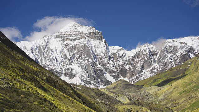 Panoramic View of Snow-Capped Himalayan Peaks on Adi Kailash Route, Uttarakhand, India