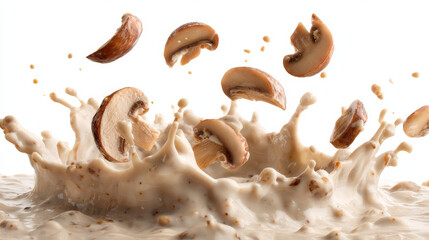 Creamy mushroom sauce splashing with falling champignon slices, isolated against a white backdrop. 