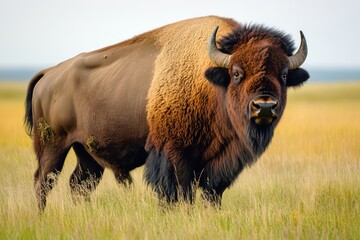 Massive bison with dark fur and curved horns