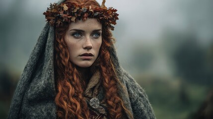 Portrait of a Celtic druid woman in forest setting, wearing a woolen cloak with brooch and braided red hair