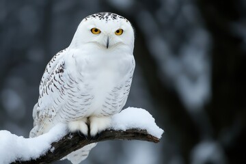 Fototapeta premium Snowy owl sitting on snowy branch isolated