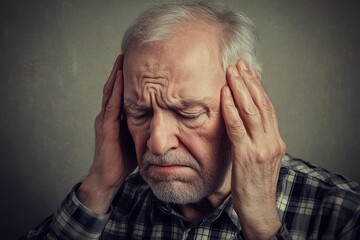 Elderly man with headache holding head in pain