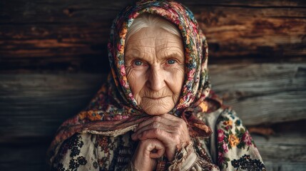Portrait of an elderly Slavic woman in a traditional floral scarf and embroidered blouse, standing beside a wooden izba