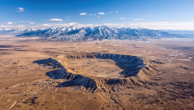 Aerial view of a large, circular crater in a dry, mountainous landscape - Powered by Adobe