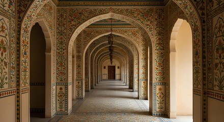 Intricate arches of Amber Fort haveli showcasing delicate floral artwork and ornate decoration