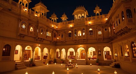 Illuminated haveli courtyard at night showcasing traditional indian architecture